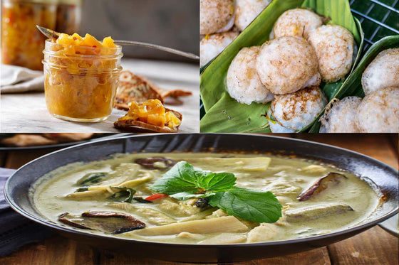 4 Coconut-Based Dishes <br><h6>Coconut & Jasmine Rice Cake ,Coconut & Pineapple Chutney ,Vegan Thai Green Curry ,Coconut Jasmine Rice </h6>